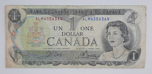 1973 Bank of Canada / Banque Du Canada - 1 (One) Canadian Dollar CAD Banknote P-85 Serial No. ALM 4356364