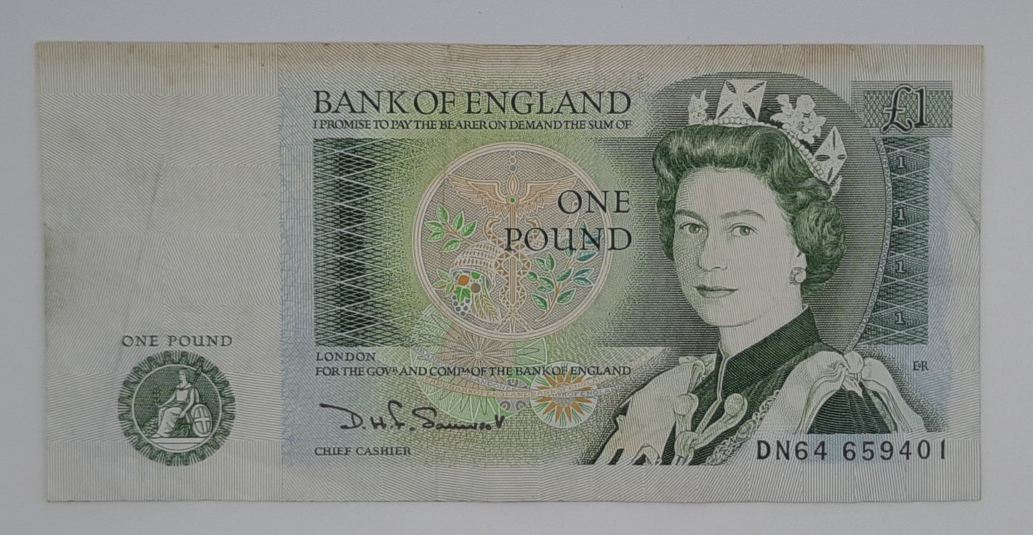 1981 Bank of ENGLAND, United Kingdom - £1 (One) British Pound Banknote Somerset, Serial No. DN64 659401