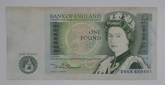 1981 Bank of ENGLAND, United Kingdom - £1 (One) British Pound Banknote Somerset, Serial No. DN64 659401