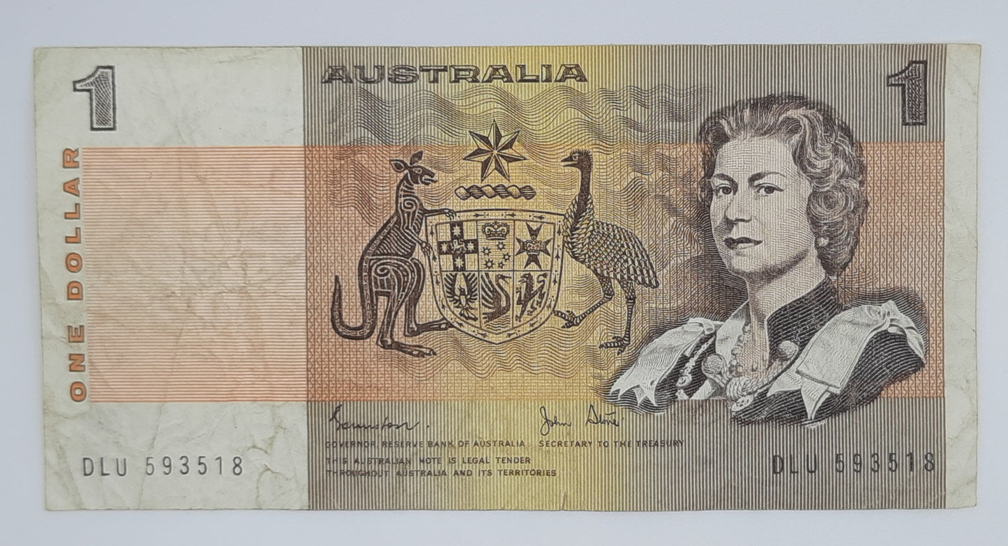 1982 Reserve Bank of Australia - 1 (One) AUD Australian Dollar Banknote Serial No. DLU 593518 P-42c