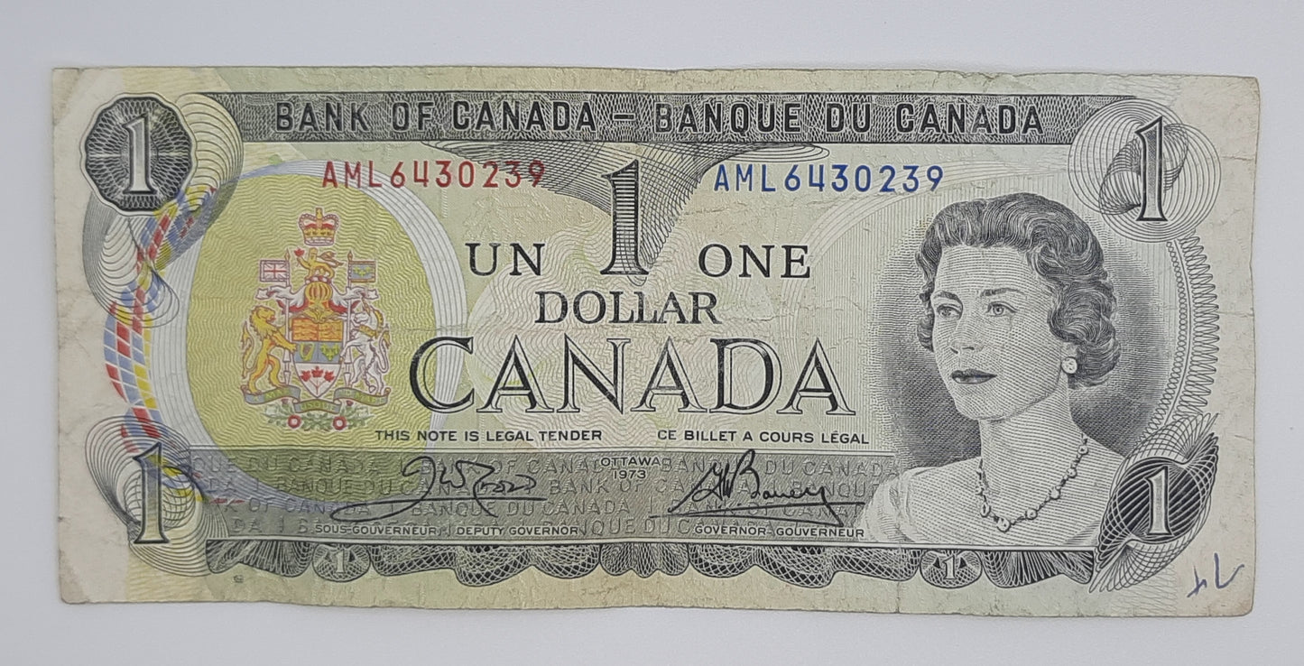 1973 Bank of Canada / Banque Du Canada - 1 (One) Canadian Dollar CAD Banknote P-85 Serial No. ALM 6430239
