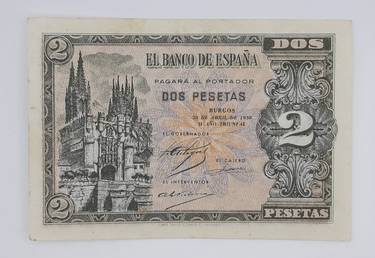 1938 Spain, Banco De Espana - 2 Spanish Pesetas Banknote ESP Serial No I 4280528 P-95