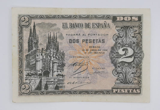 1938 Spain, Banco De Espana - 2 Spanish Pesetas Banknote ESP Serial No I 4280528 P-95