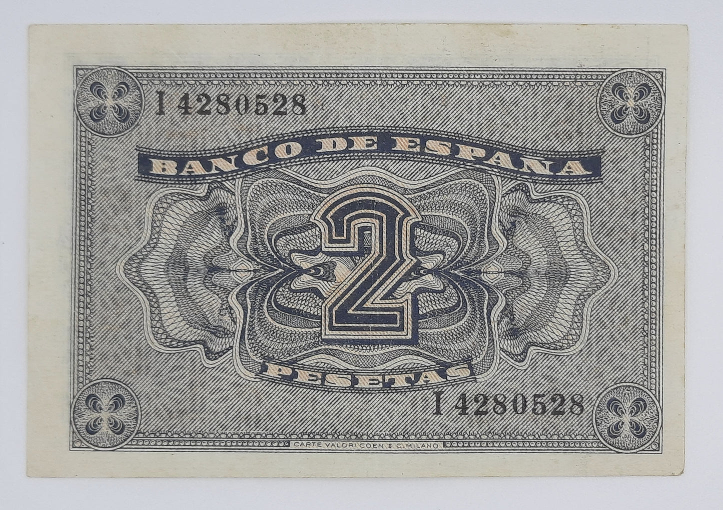 1938 Spain, Banco De Espana - 2 Spanish Pesetas Banknote ESP Serial No I 4280528 P-95