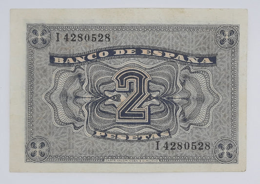 1938 Spain, Banco De Espana - 2 Spanish Pesetas Banknote ESP Serial No I 4280528 P-95