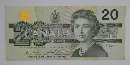 1991 Bank of Canada / Banque Du Canada - 20 Canadian Dollars CAD Banknote Serial No. EVG 1055769 P-96