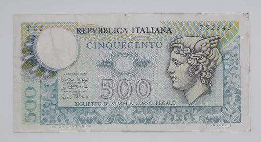 1974 Banca D'Italia, Italy - 500 Italian Lire ITL Banknote P-94 Serial NO. T01 752343