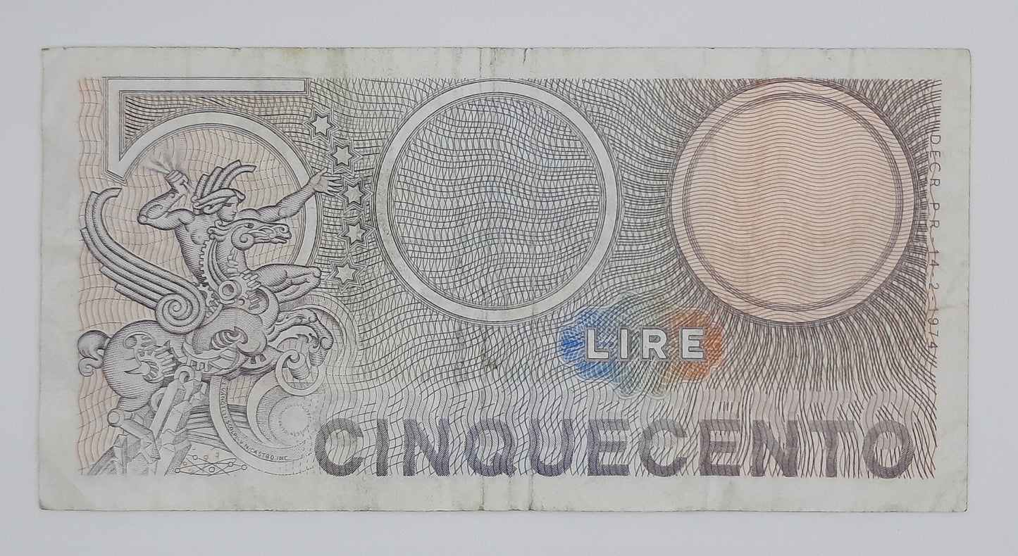 1974 Banca D'Italia, Italy - 500 Italian Lire ITL Banknote P-94 Serial NO. T01 752343
