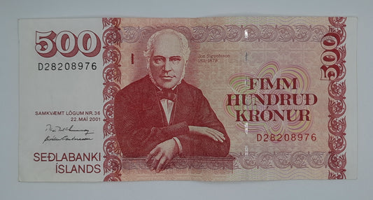 2001 (2004) Iceland, Sedlabanki Iceland - 500 Icelandic Kronur Banknote P-58 Serial No. D 28208976