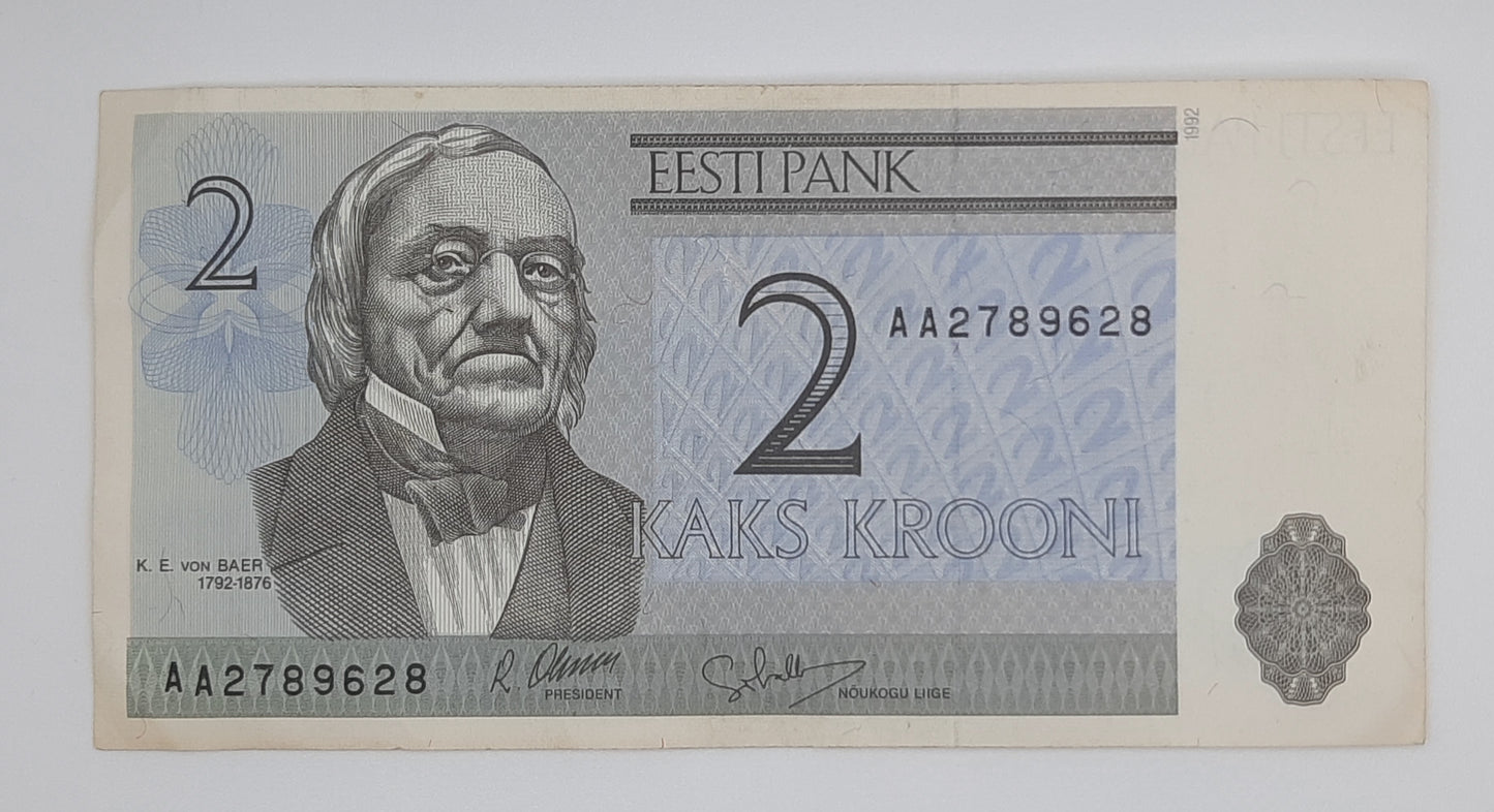 1992 Estonia, Eesti Pank - 2 Estonian Krooni Banknote P-70 Serial No. AA 2789628
