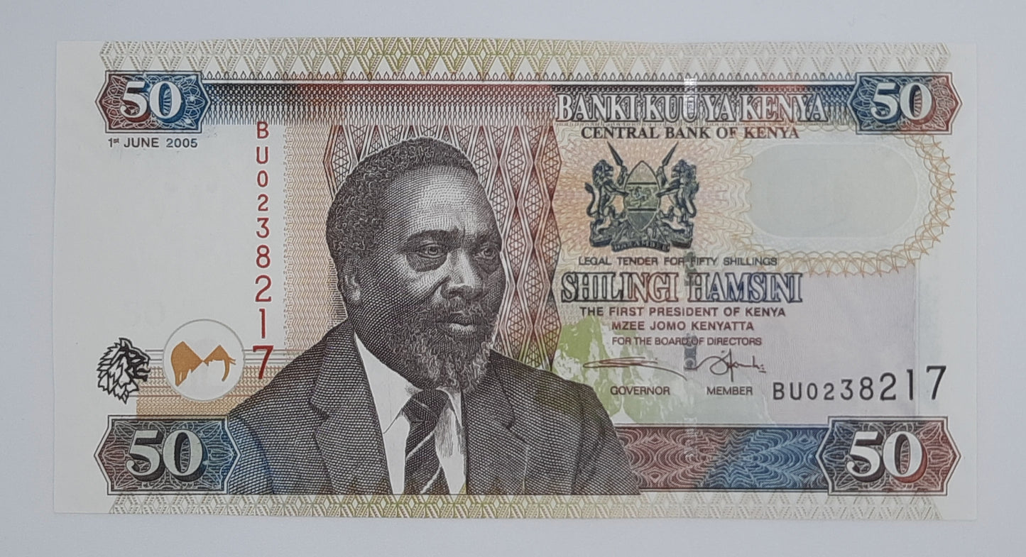 2005 Banki Kuu Ya Kenya - 50 Kenyan Shillings / Shillingi Banknote P-36c Serial No. BU 0238217