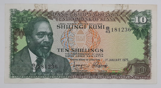 1975 Banki Kuu Ya Kenya - 10 Kenyan Shillings Banknote P-10c Serial No. B43 181236
