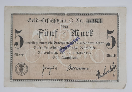 1918 Germany German Empire Rastenburg, Kętrzyn - 5 German Mark Notgeld Banknote GEI435.02 Serial No. C 0383