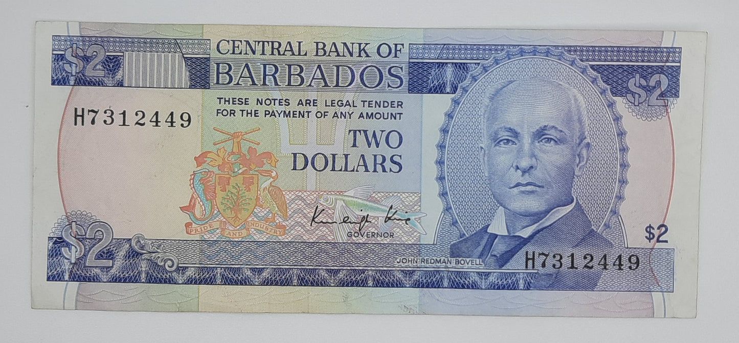 1986 Barbados, Central Bank of Barbados - 2 Dollars Banknote P-36 Serial No. H7 312449