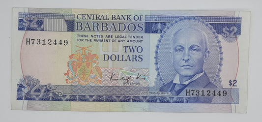1986 Barbados, Central Bank of Barbados - 2 Dollars Banknote P-36 Serial No. H7 312449