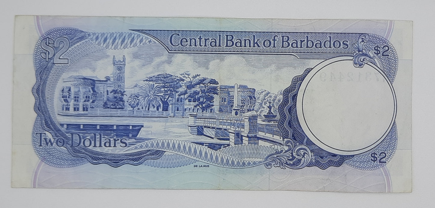 1986 Barbados, Central Bank of Barbados - 2 Dollars Banknote P-36 Serial No. H7 312449