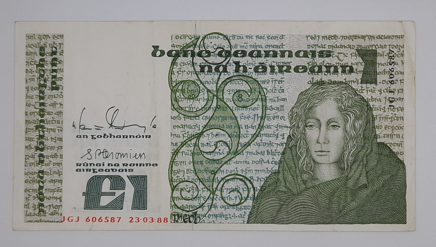 1988 Ireland, The Central Bank of Ireland - 1 (One) Pound Banknote Serial No. JGJ 606587 P-70d