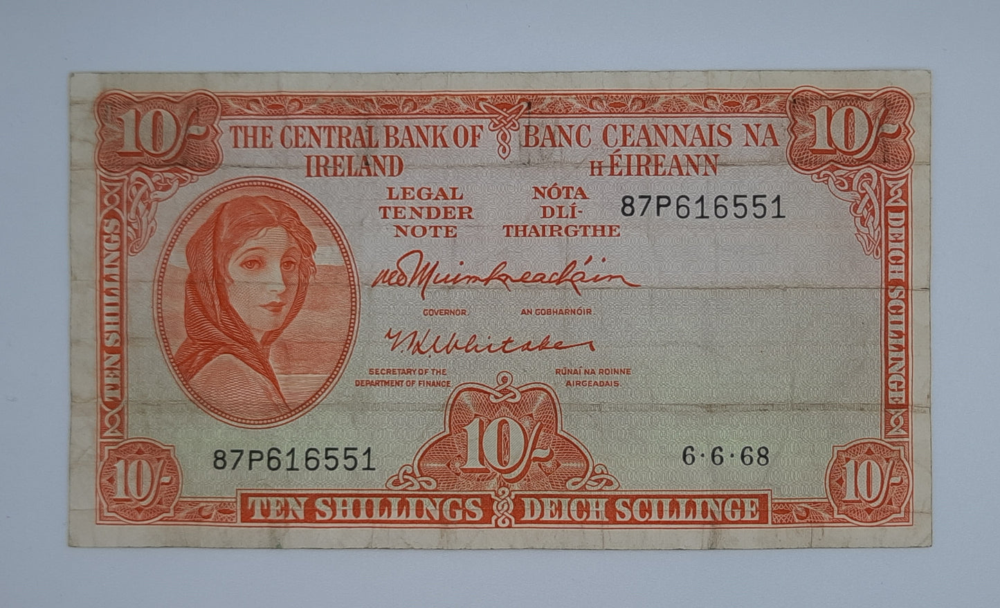 1968 Ireland, The Central Bank of Ireland - 10 Shillings Banknote Serial No. 87P 616551 P-63a