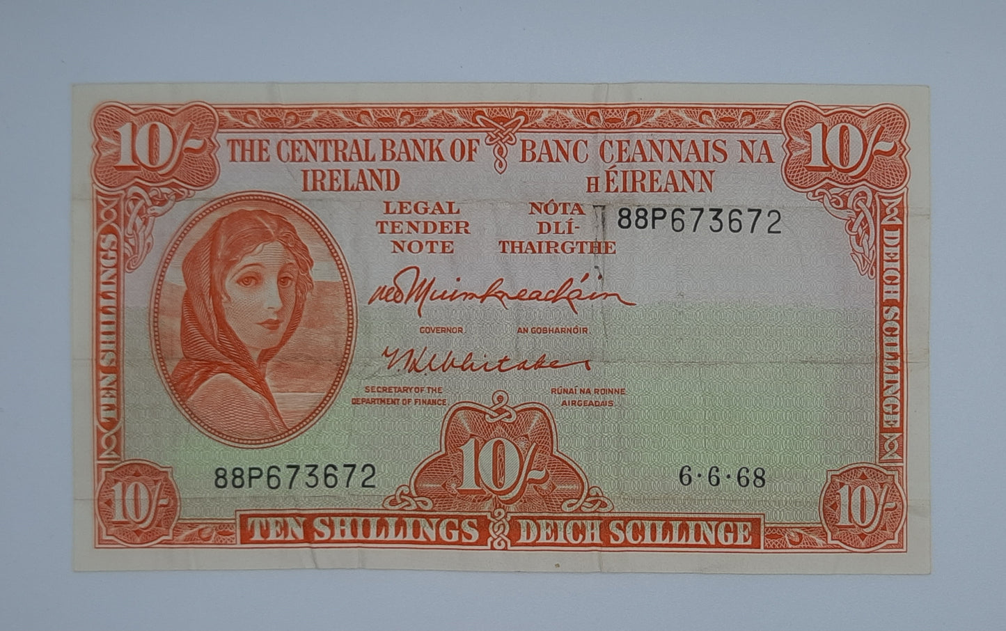 1968 Ireland, The Central Bank of Ireland - 10 Shillings Banknote Serial No. 88P 673672 P-63a