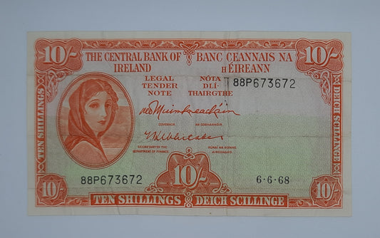 1968 Ireland, The Central Bank of Ireland - 10 Shillings Banknote Serial No. 88P 673672 P-63a