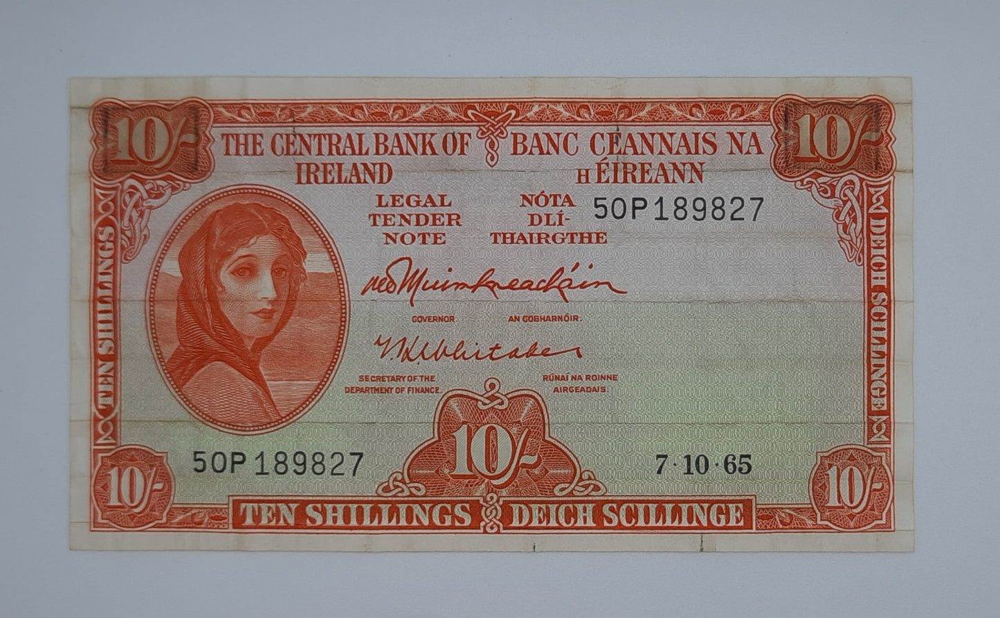 1965 Ireland, The Central Bank of Ireland - 10 Shillings Banknote Serial No. 50P 189827 P-63a