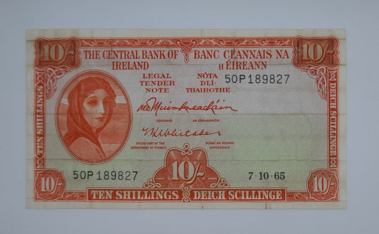 1965 Ireland, The Central Bank of Ireland - 10 Shillings Banknote Serial No. 50P 189827 P-63a
