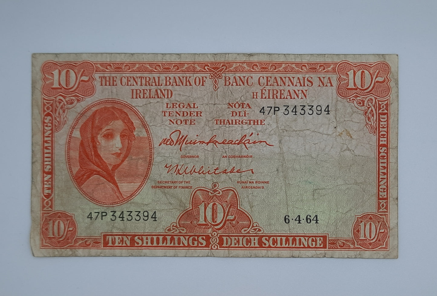 1964 Ireland, The Central Bank of Ireland - 10 Shillings Banknote Serial No. 47P 343394 P-63a