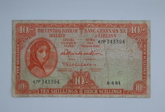 1964 Ireland, The Central Bank of Ireland - 10 Shillings Banknote Serial No. 47P 343394 P-63a