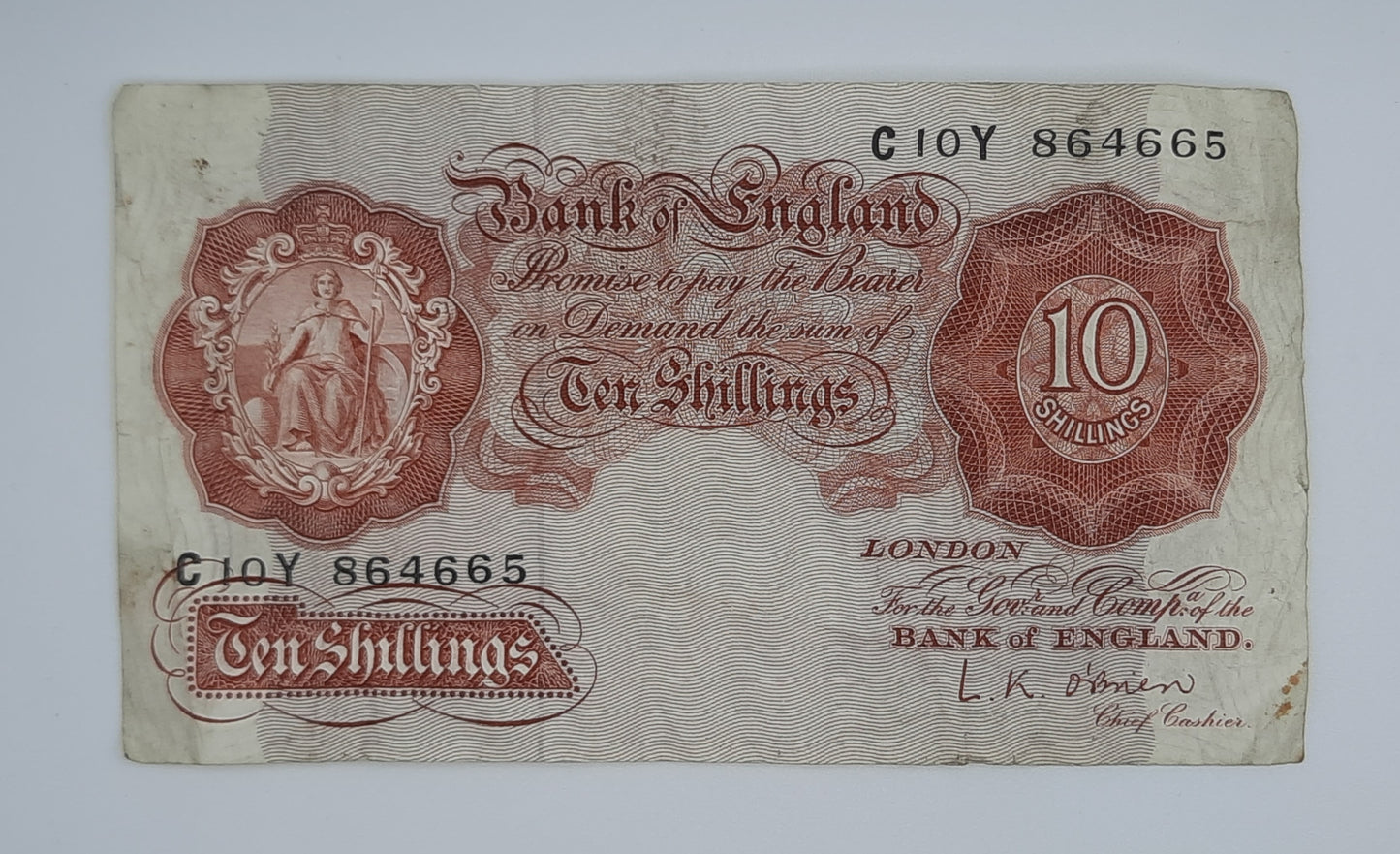 1955 Bank of ENGLAND, UK - 10 /- (Ten) British Shillings Banknote Serial No. C10Y 864665 B-271