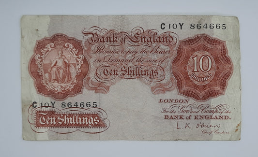 1955 Bank of ENGLAND, UK - 10 /- (Ten) British Shillings Banknote Serial No. C10Y 864665 B-271
