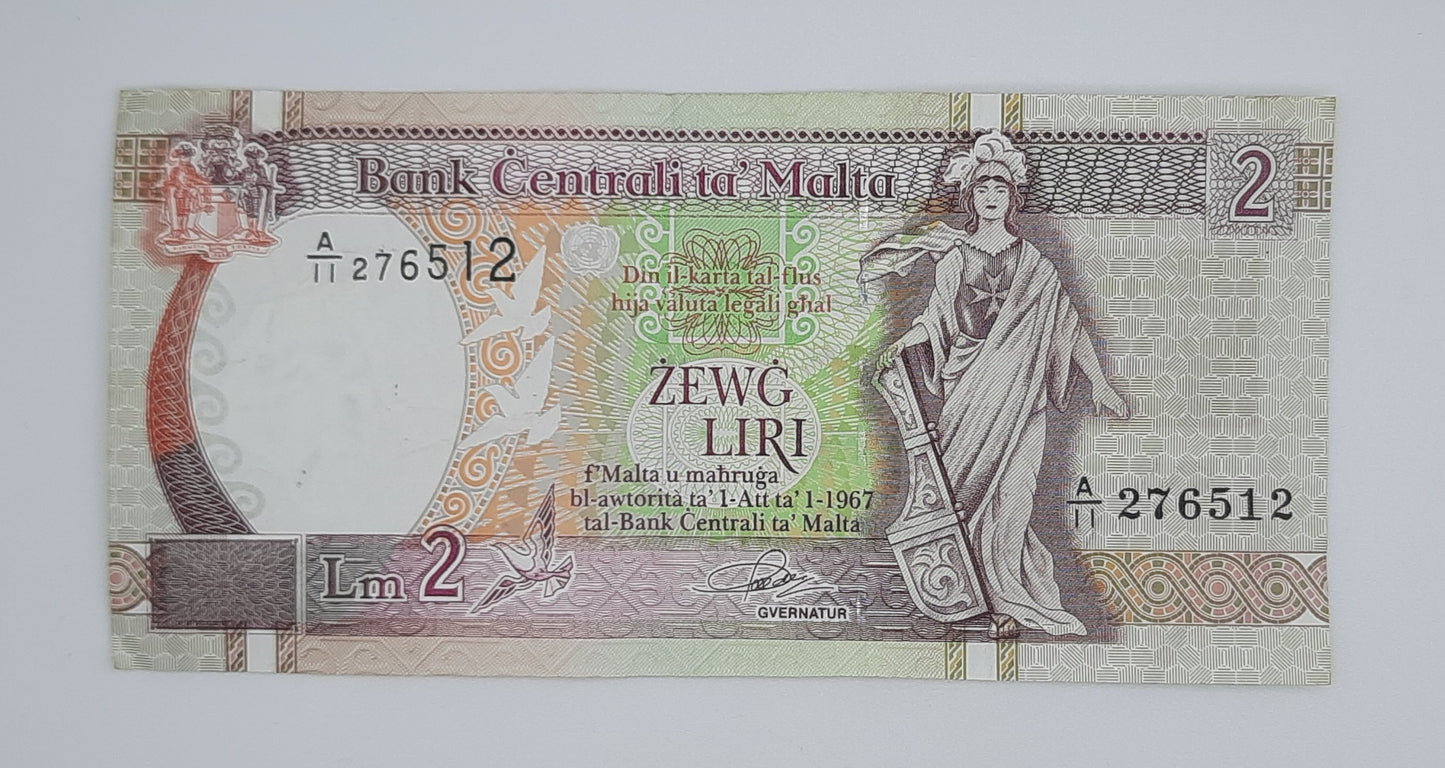 1989 Bank Centrali ta' Malta - 2 Maltese Pounds / Lira Banknote P-41a Serial No. A11 276512