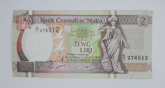 1989 Bank Centrali ta' Malta - 2 Maltese Pounds / Lira Banknote P-41a Serial No. A11 276512
