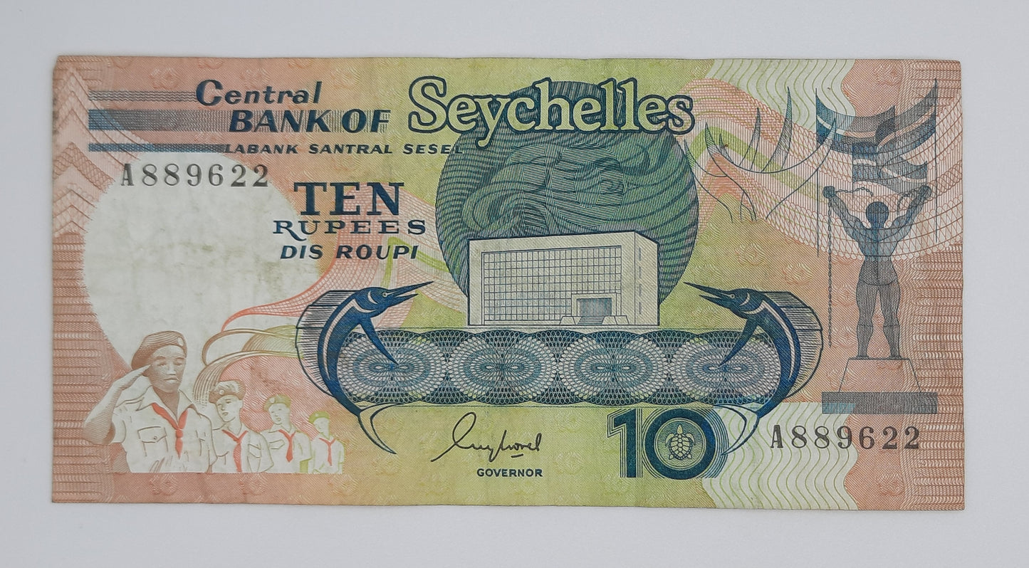 1989 Central Bank of Seychelles - 10 Rupees Banknote Serial No. A 889622 P-32