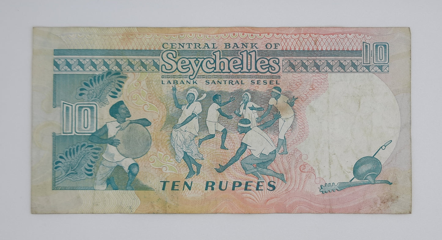 1989 Central Bank of Seychelles - 10 Rupees Banknote Serial No. A 889622 P-32