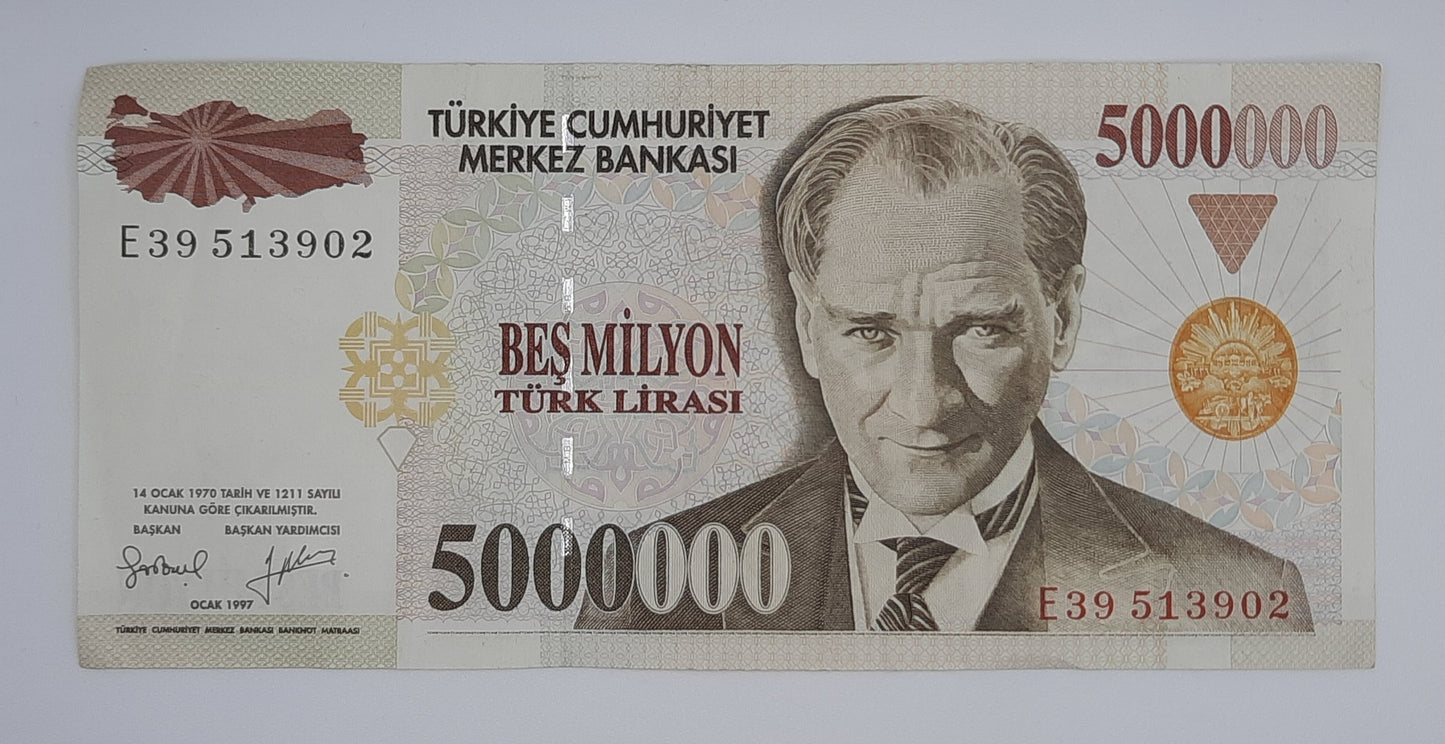 1997 Central Bank of TURKEY - 5000000 Turkish Lira Banknote Serial No. E39 513902 P-210