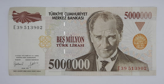 1997 Central Bank of TURKEY - 5000000 Turkish Lira Banknote Serial No. E39 513902 P-210