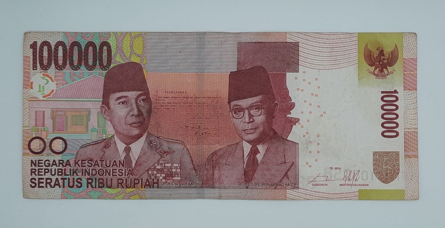 2014 Bank Indonesia - 100000 Indonesian Rupiah Banknote P-154 Serial No. MBT 108058