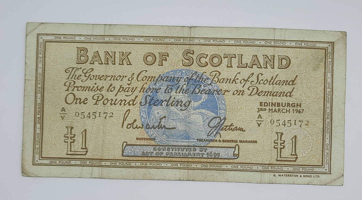 1967 The Bank of Scotland UK - £1 (One) Scottish Pound Banknote Serial No. AV 0545172 P-327a