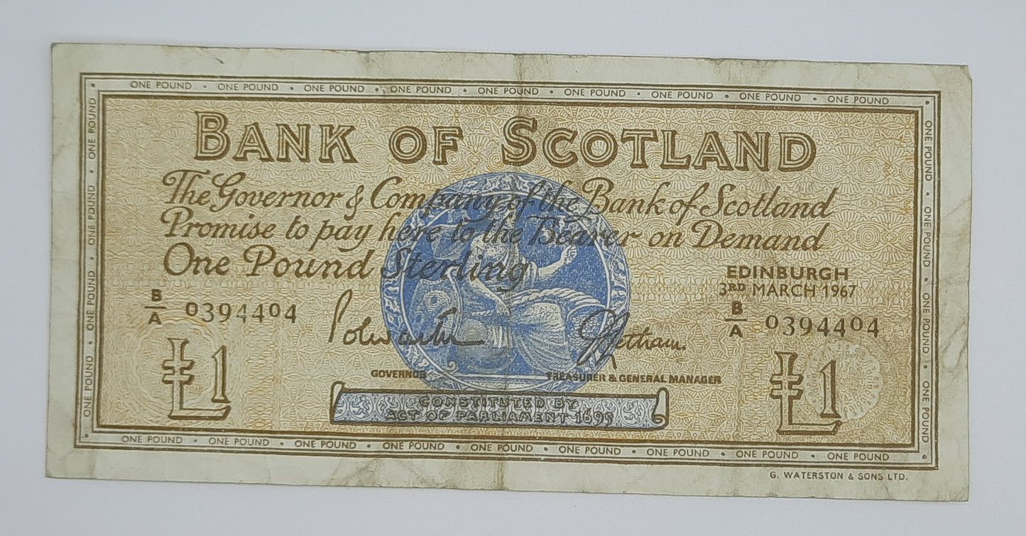 1967 The Bank of Scotland UK - £1 (One) Scottish Pound Banknote Serial No. BA 9394404 P-327a