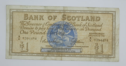 1967 The Bank of Scotland UK - £1 (One) Scottish Pound Banknote Serial No. BA 9394404 P-327a