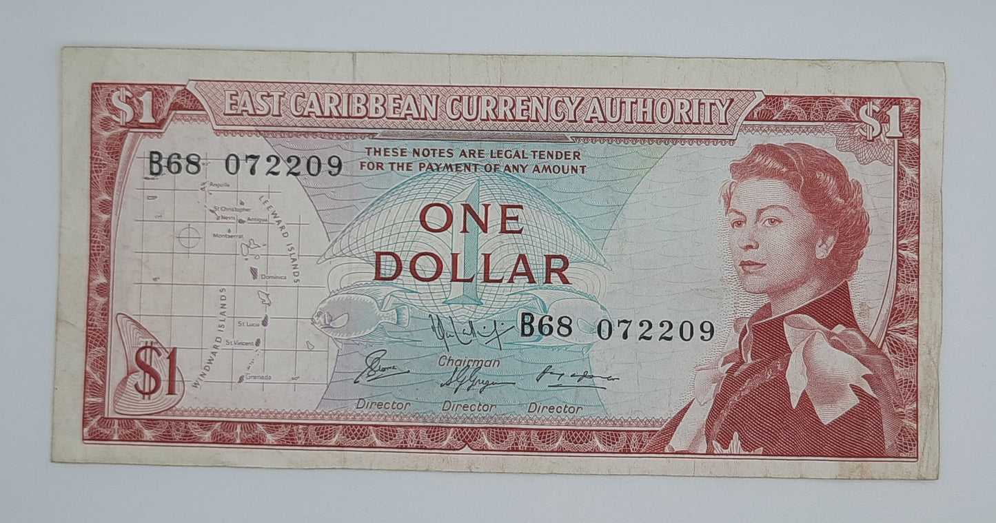 1965 Eastern Caribbean Currency Authority ECCA - 1 (One) XCD Dollar Banknote Serial No. B68 072209 P-13
