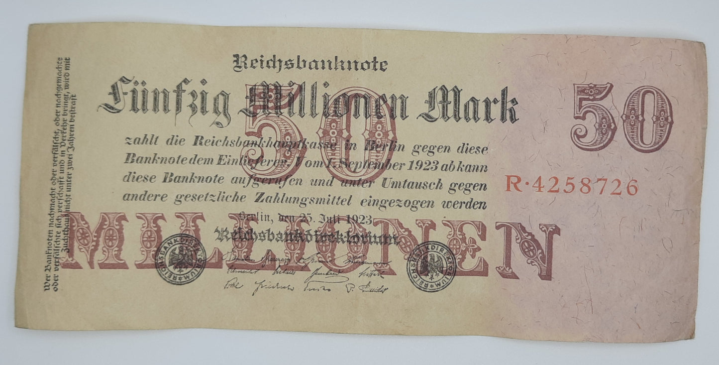 1923 Germany Weimarer Republic - 50000000 German Mark Banknote P-97b Serial No. R 4258726