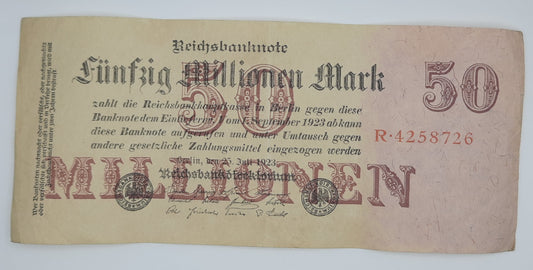 1923 Germany Weimarer Republic - 50000000 German Mark Banknote P-97b Serial No. R 4258726