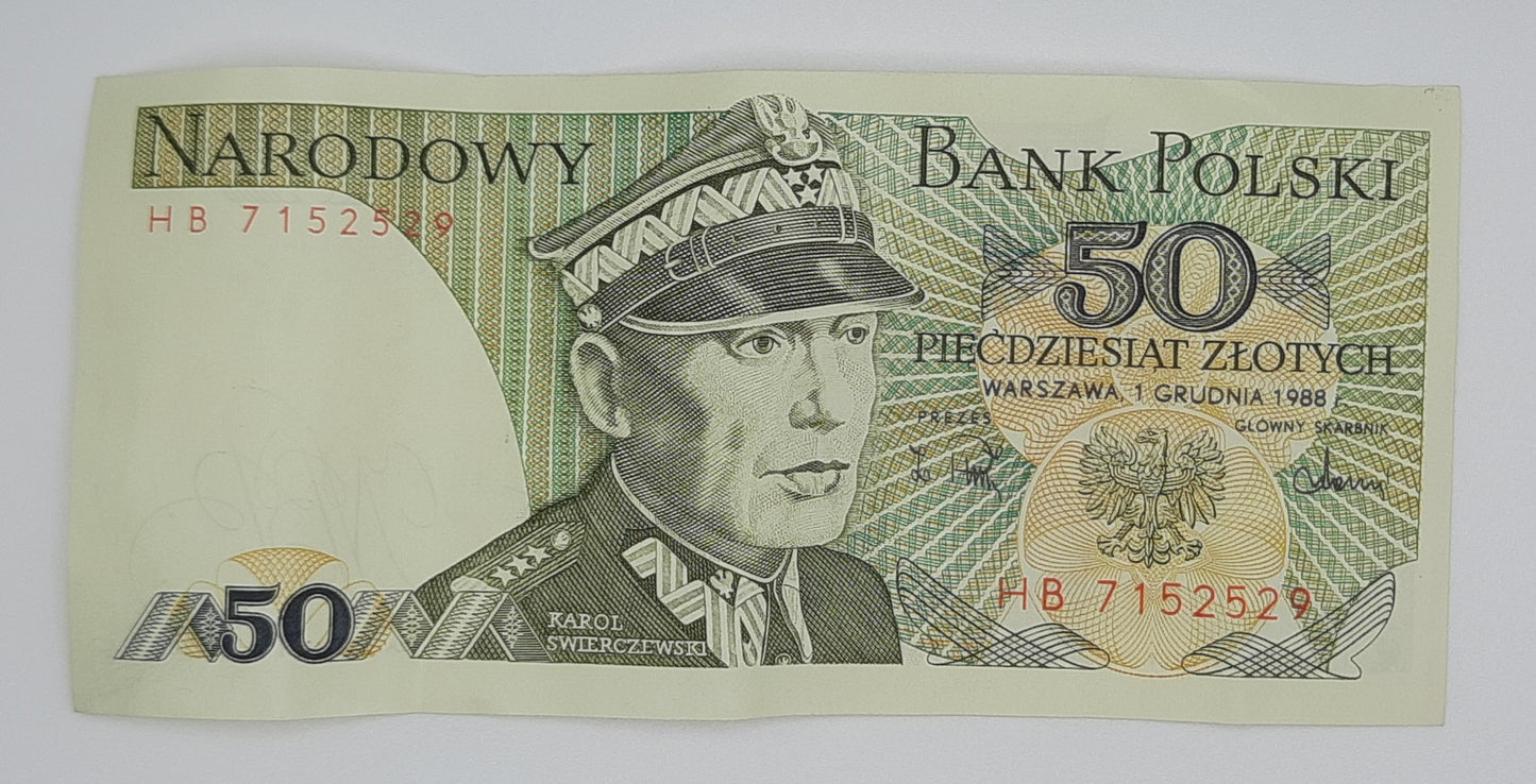 1988 Narodowy Bank Polski, Poland - 50 Polish Zlotych PLN Banknote Serial No. HB 7152529 P-142c
