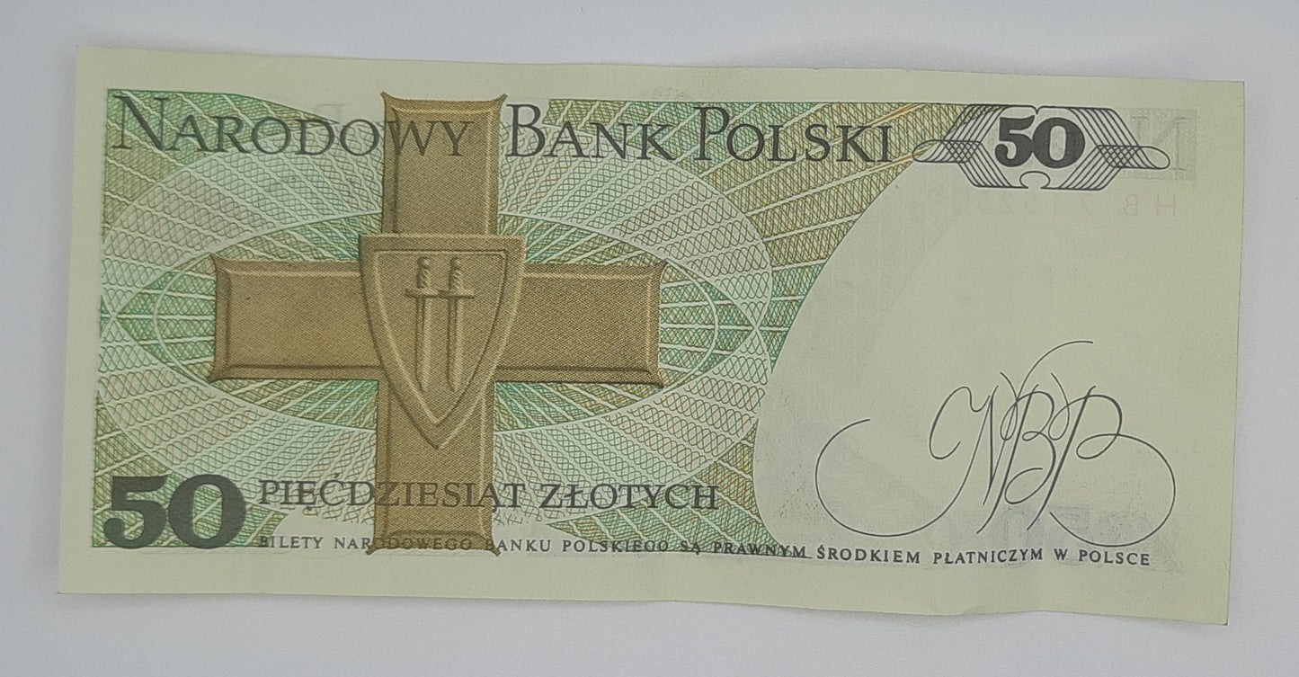 1988 Narodowy Bank Polski, Poland - 50 Polish Zlotych PLN Banknote Serial No. HB 7152529 P-142c