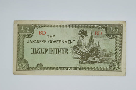 1942 Burma, The Japanese Government - 1/2 (Half) Rupee Banknote P-13b BD