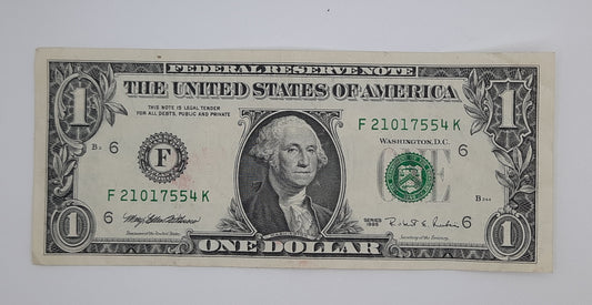 1995 United States of America - 1 (One) US Dollar Federal Reserve Banknote P-471 Serial No. F 21017554 K