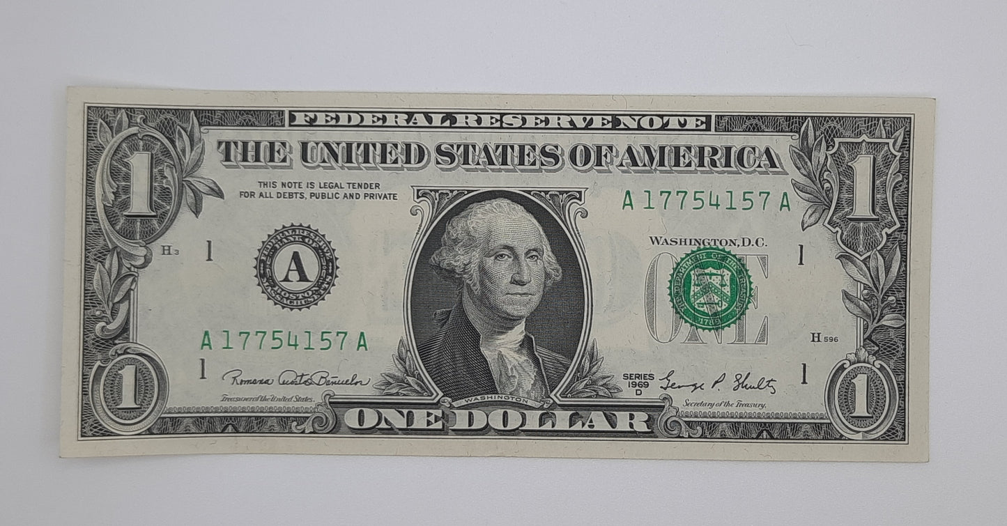 1969 D United States of America - 1 (One) US Dollar Federal Reserve Banknote P-454 Serial No. A 17754157 A