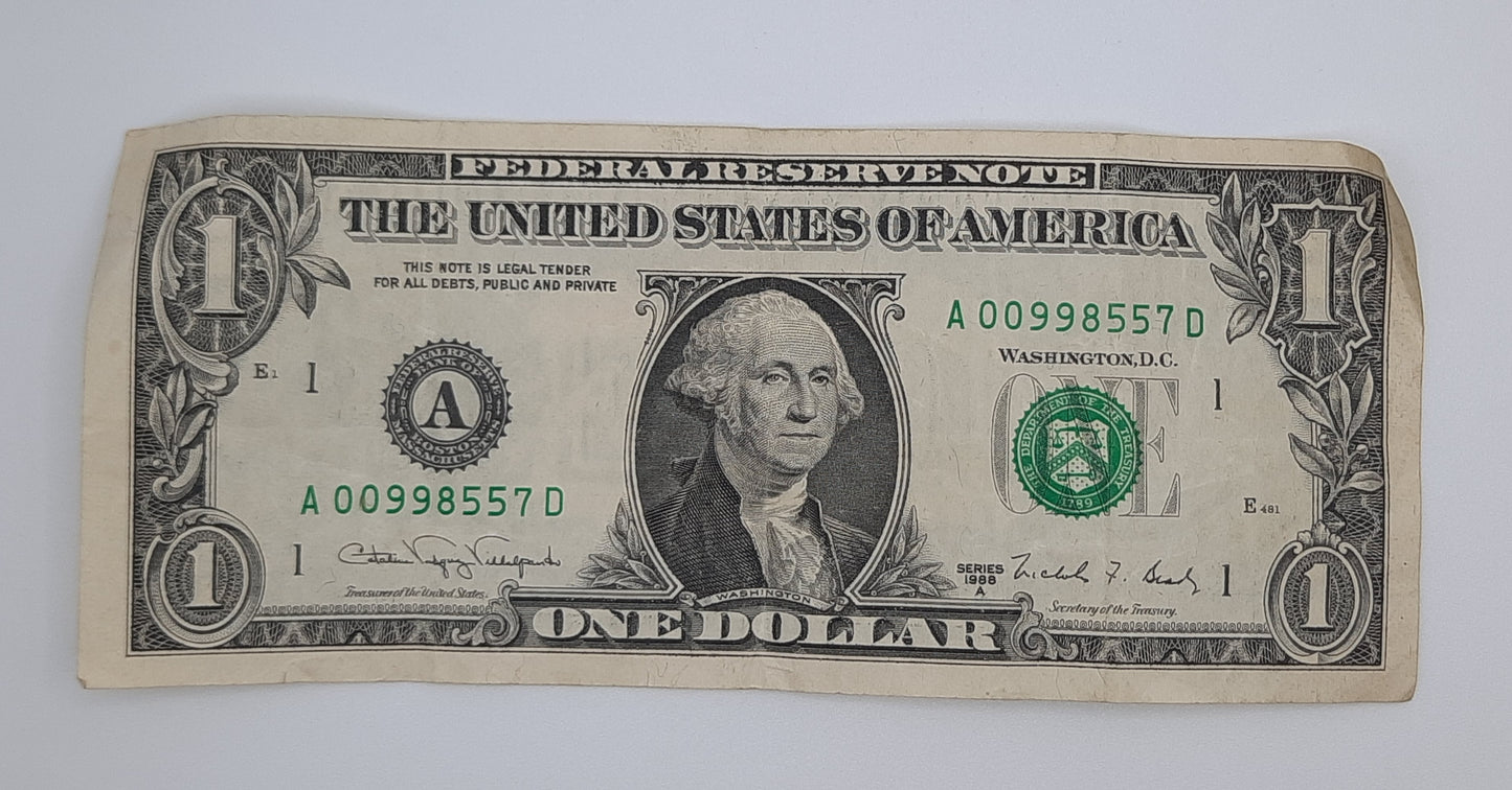 1988 United States of America - 1 (One) US Dollar Federal Reserve Banknote P-454 Serial No. A 00998557 D