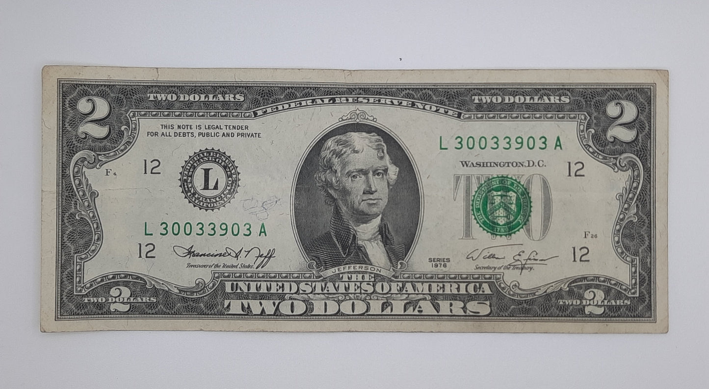 1976 United States of America - 2 (Two) US Dollars Federal Reserve Banknote P-461 Serial No. L 30033903 A